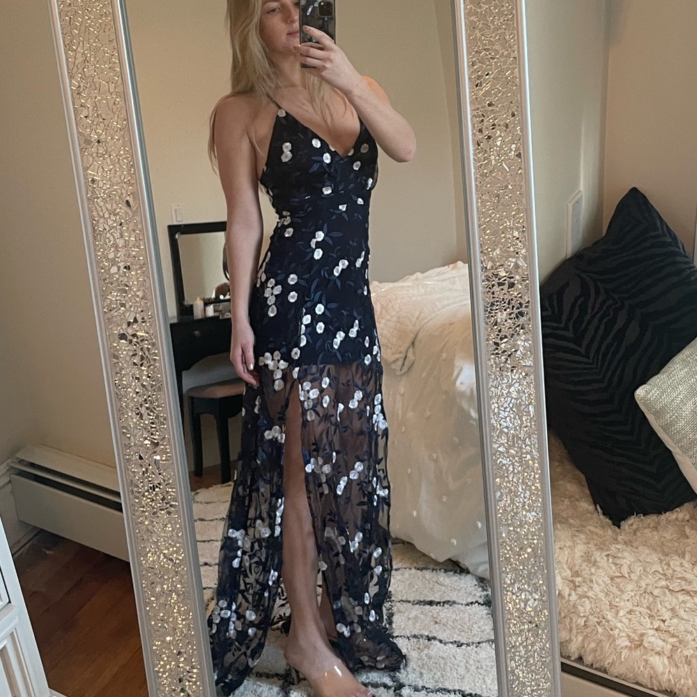 Long sheer navy blue floral dress from Windsor. Size small.